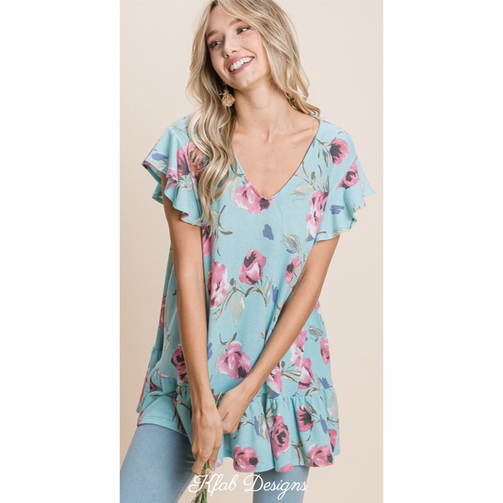 LAST 1! V Neck French Terry Ruffle Floral Top - Picture 8 of 8